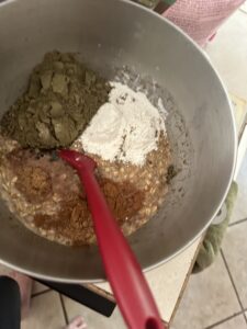 hemp flour, hemp hearts in mixing bowl to make oatmeal cake